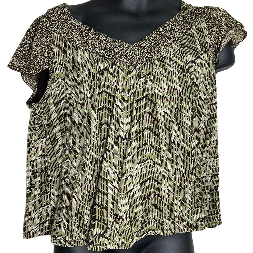 Y2K Charter Club Top XL Green Abstract V Neck Short Sleeves Vintage Boho Hippie